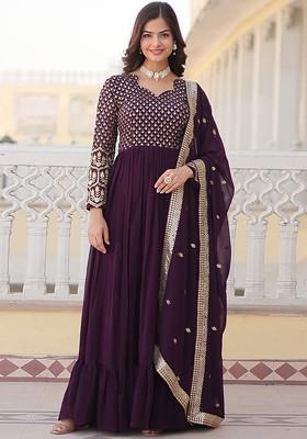 Purple Embroidered Poly Blended Kurtas