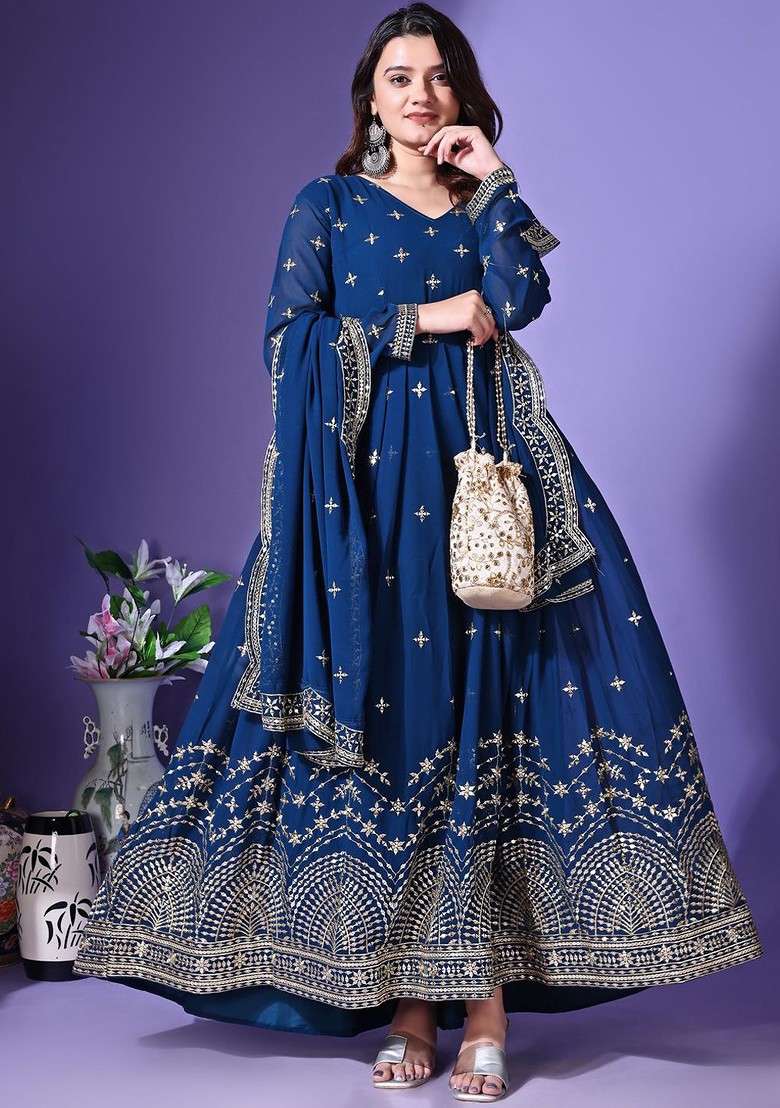 Turquoise Blue Embroidered Poly Blended Kurtas - Indya