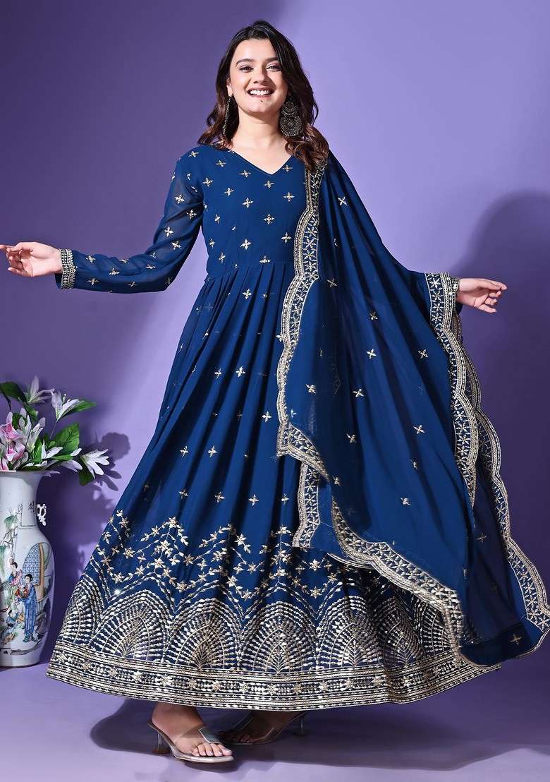 Turquoise Blue Embroidered Poly Blended Kurtas - Indya