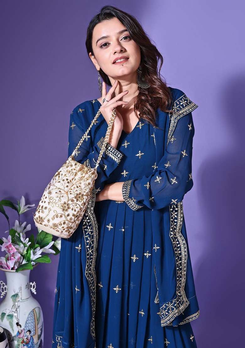 Turquoise Blue Embroidered Poly Blended Kurtas - Indya