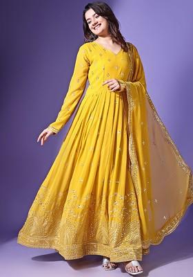 Yellow Embroidered Poly Blended Kurtas