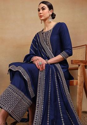 Navy Blue Embroidered Poly Blended Kurta Sets