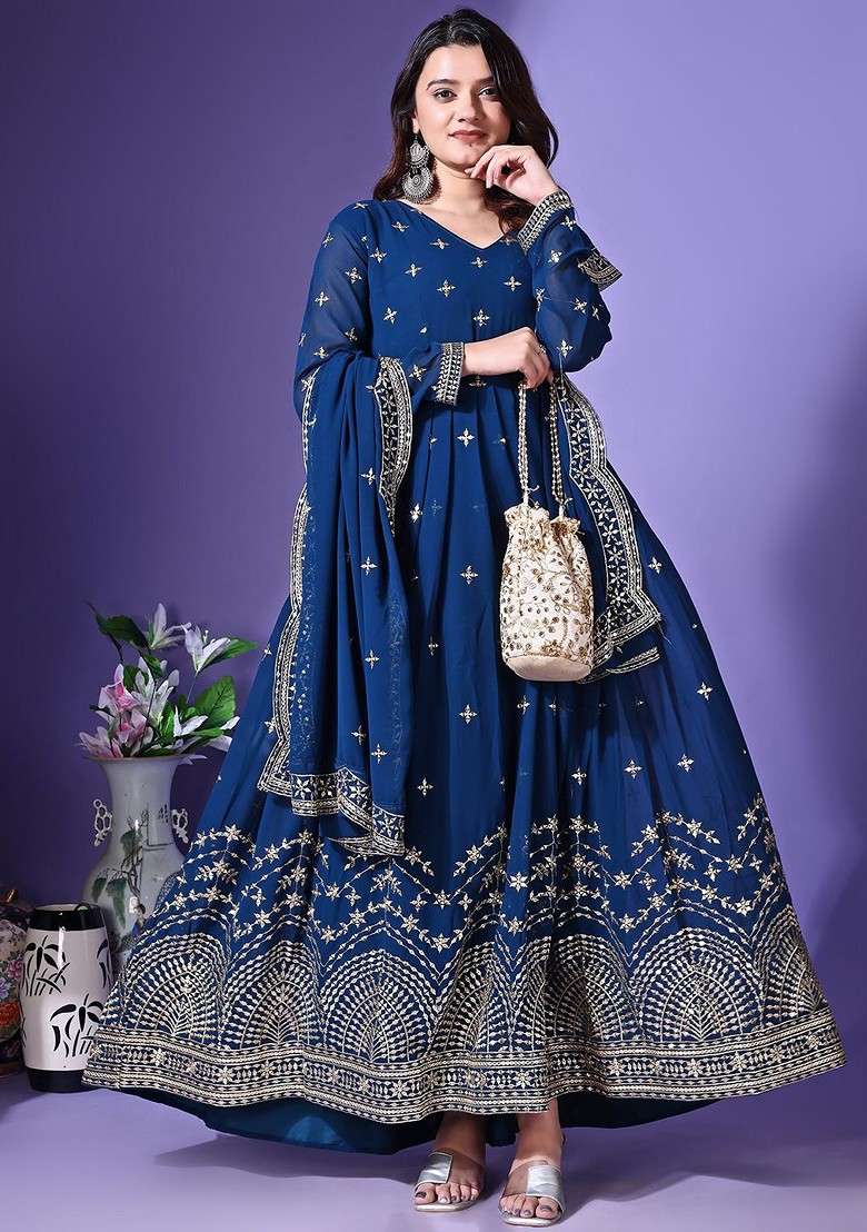 Turquoise Blue Embroidered Poly Blended Kurtas - Indya