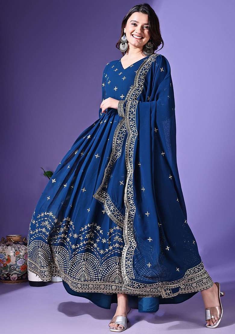 Turquoise Blue Embroidered Poly Blended Kurtas - Indya