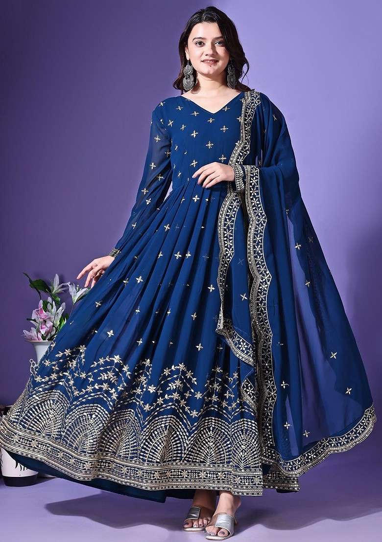 Turquoise Blue Embroidered Poly Blended Kurtas - Indya