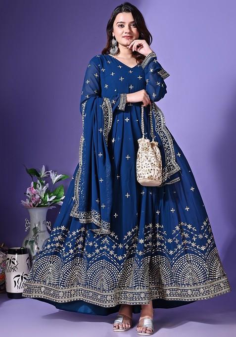 Turquoise Blue Embroidered Poly Blended Kurtas