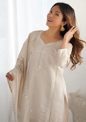 Cream Embroidered Poly Blended Kurta Sets