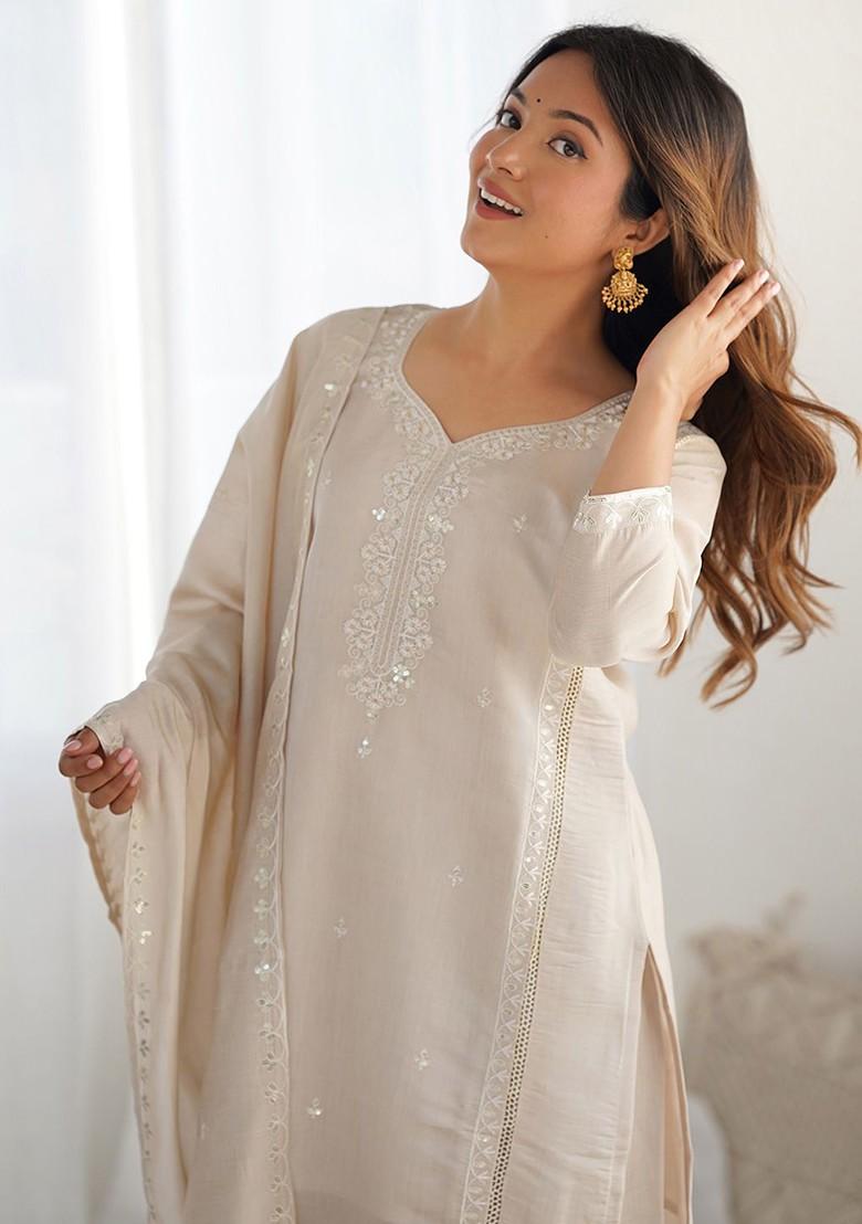 Cream Embroidered Poly Blended Kurta Sets - Indya