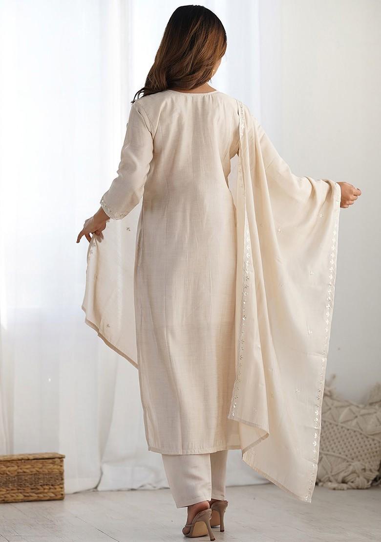 Cream Embroidered Poly Blended Kurta Sets - Indya