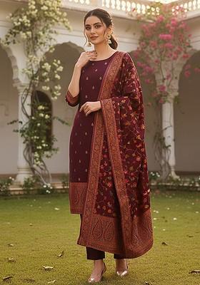 Burgundy Embroidered Poly Blended Kurta Sets
