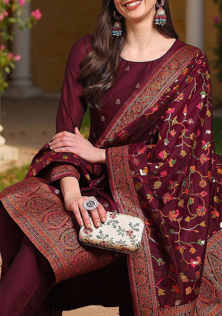 Burgundy Embroidered Poly Blended Kurta Sets - Indya