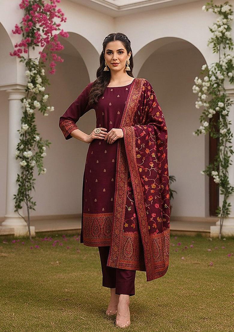 Burgundy Embroidered Poly Blended Kurta Sets - Indya