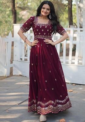 Maroon Embroidered Poly Blended Kurtas