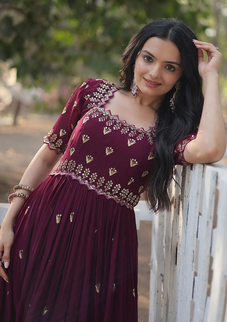 Maroon Embroidered Poly Blended Kurtas - Indya