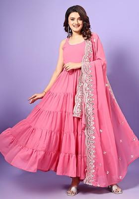 Pink Embroidered Poly Blended Kurtas