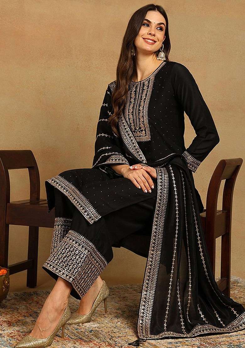 Black Embroidered Poly Blended Kurta Sets - Indya