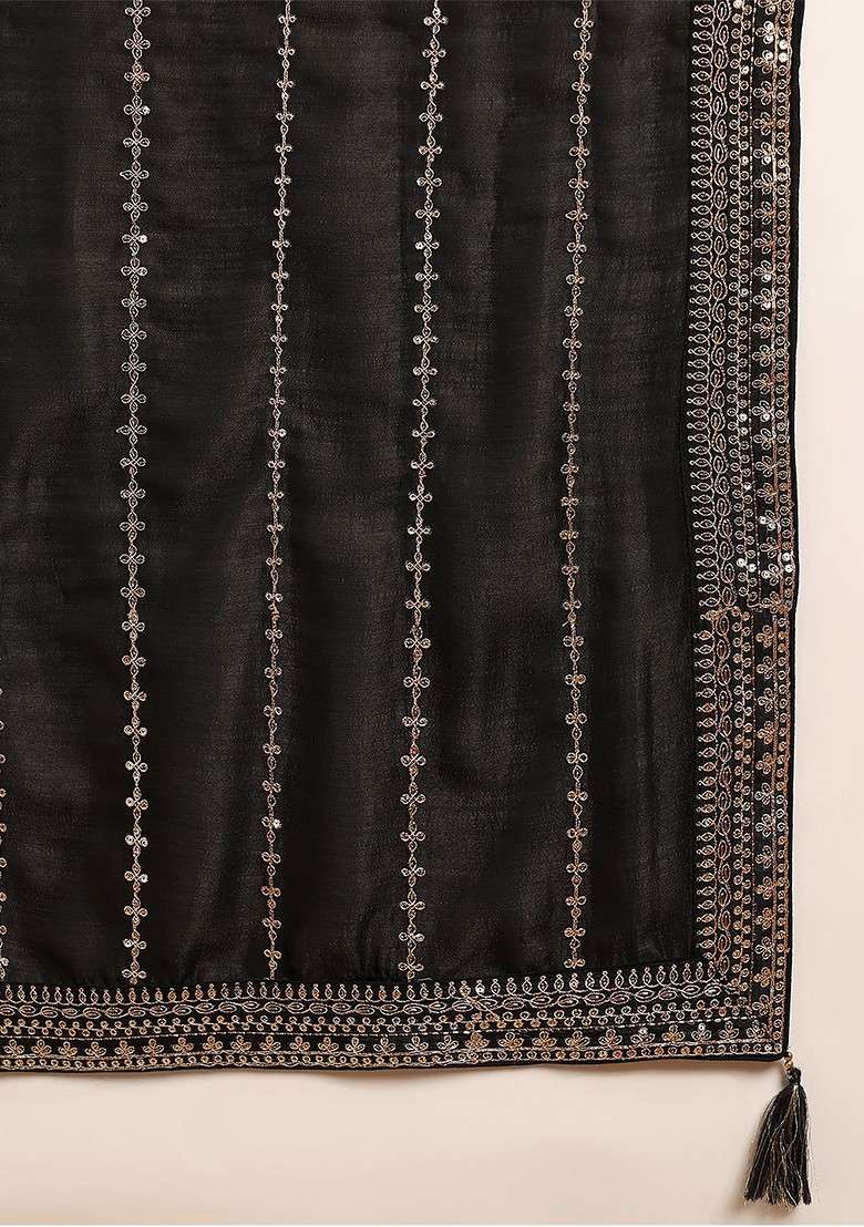 Black Embroidered Poly Blended Kurta Sets - Indya