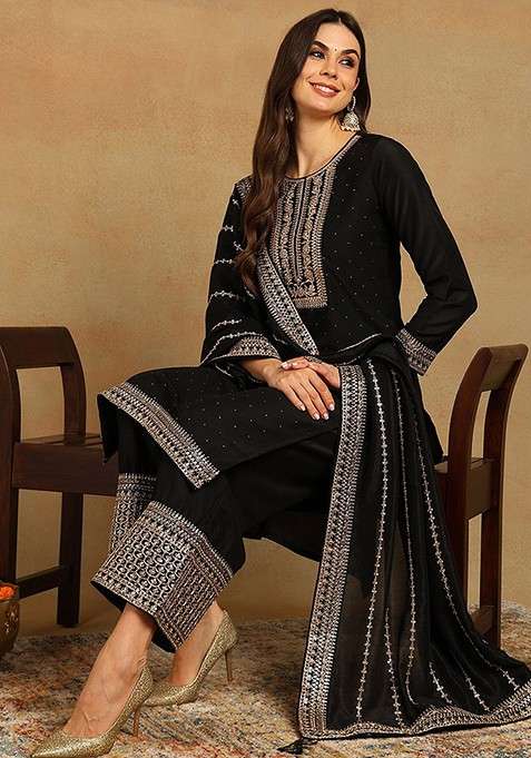 Black Embroidered Poly Blended Kurta Sets