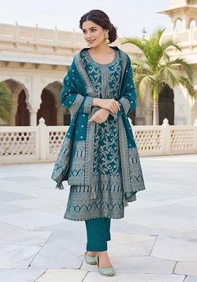 Teal Embroidered Poly Blended Kurta Sets