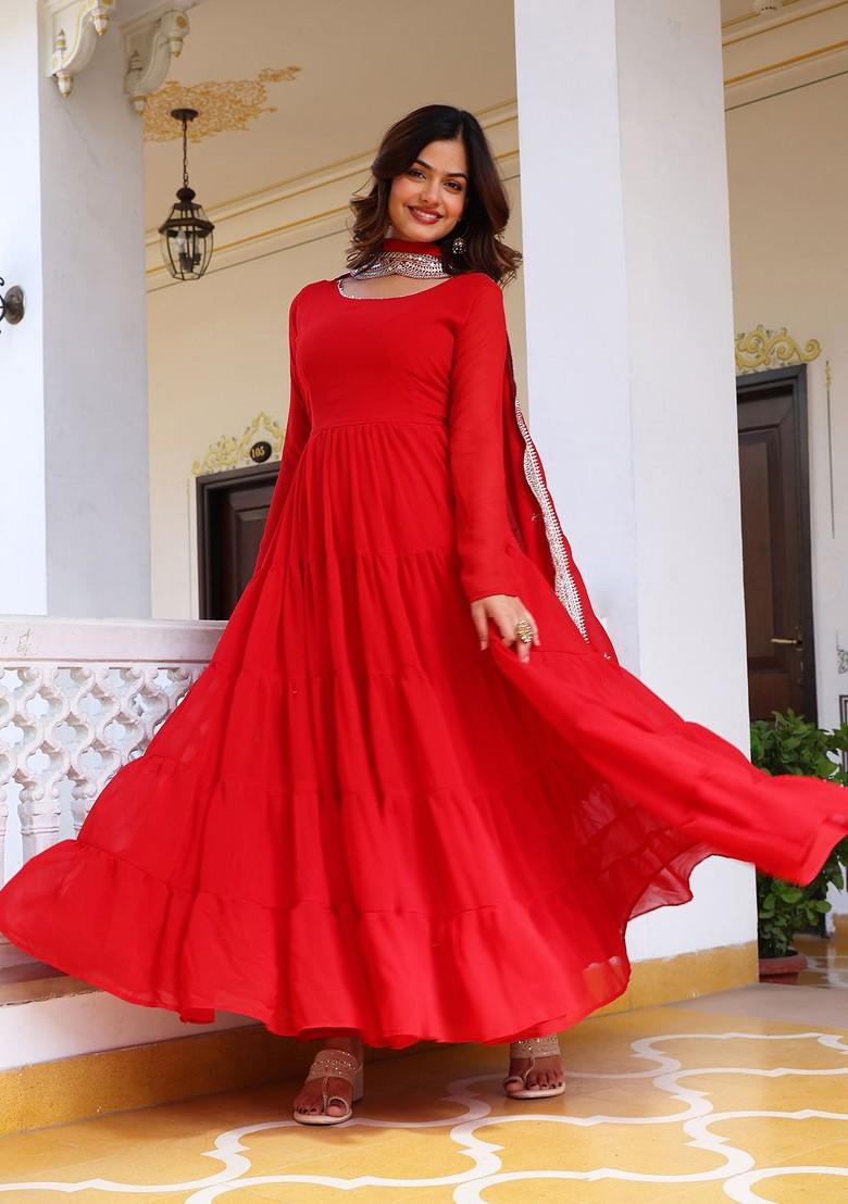 Red Embroidered Poly Blended Kurta Sets