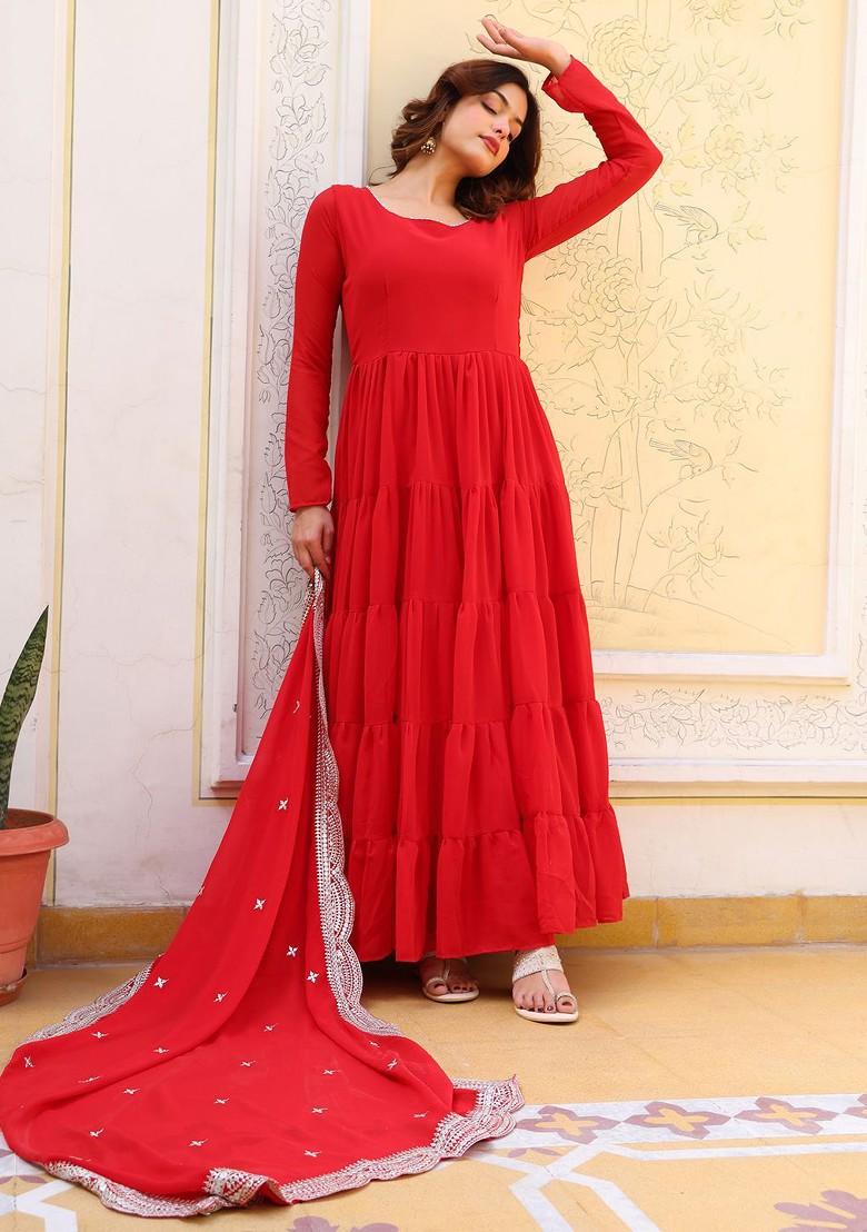 Red Embroidered Poly Blended Kurta Sets