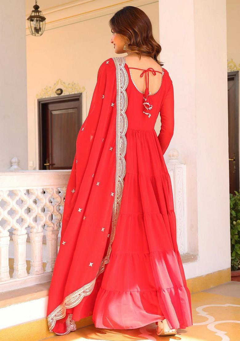 Red Embroidered Poly Blended Kurta Sets