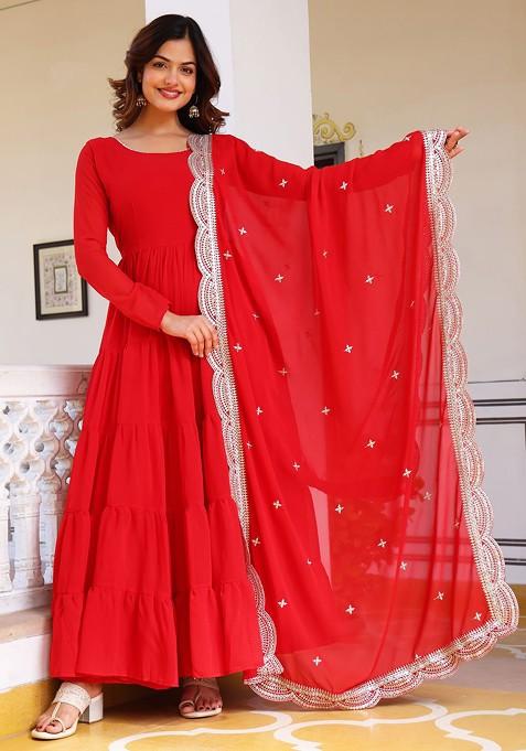 Red Embroidered Poly Blended Kurta Sets