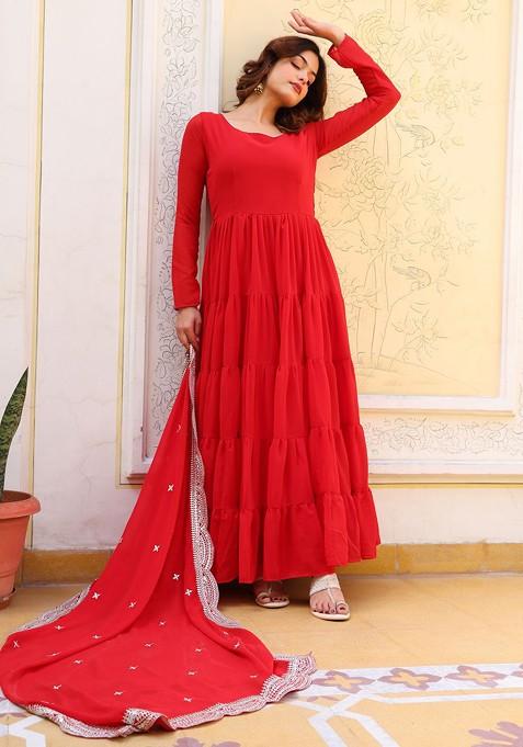 Red Embroidered Poly Blended Kurta Sets