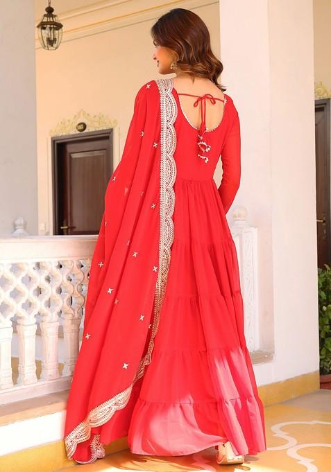 Red Embroidered Poly Blended Kurta Sets