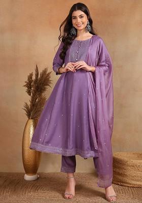 Lavender Embroidered Poly Blended Kurta Sets