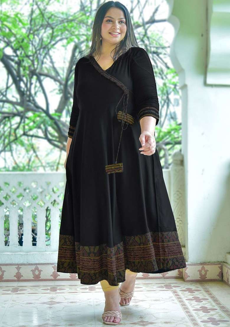 Black Embroidered Poly Blended Kurtas - Indya