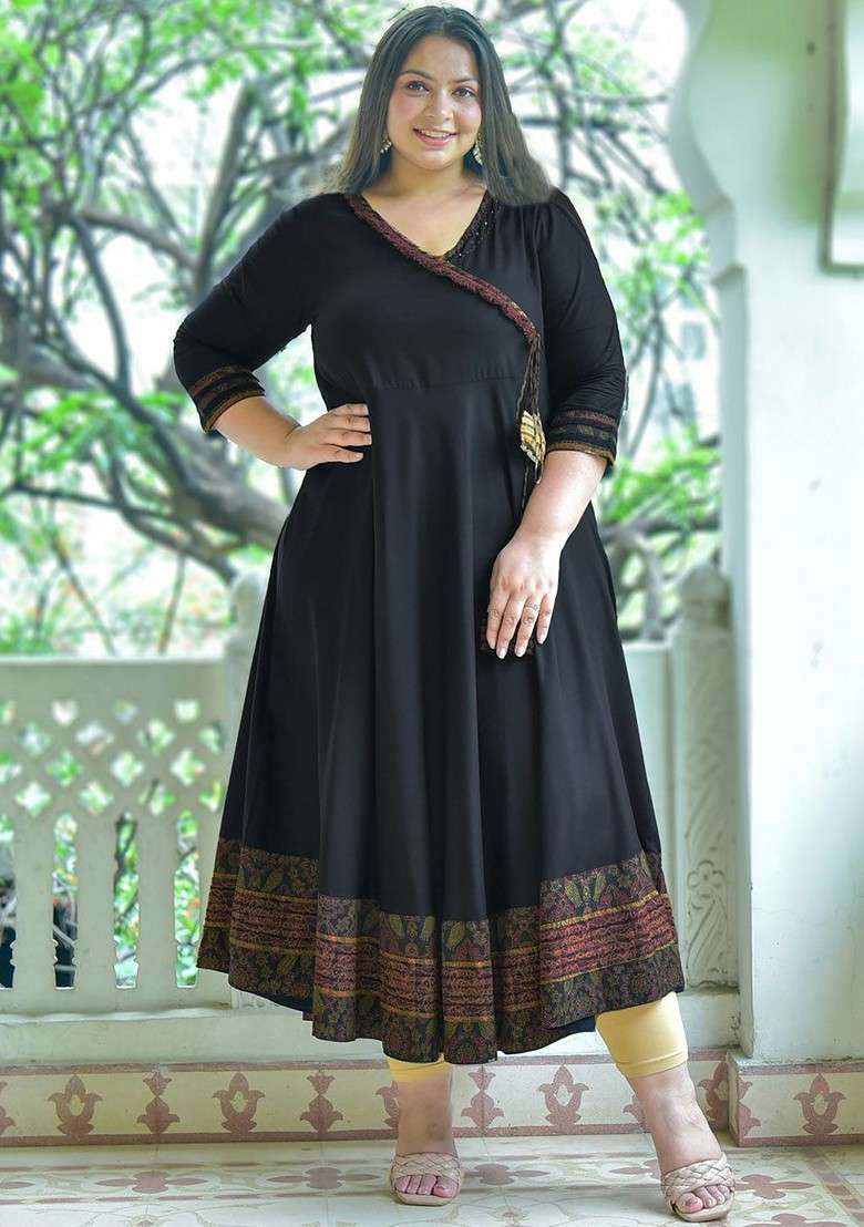 Black Embroidered Poly Blended Kurtas - Indya