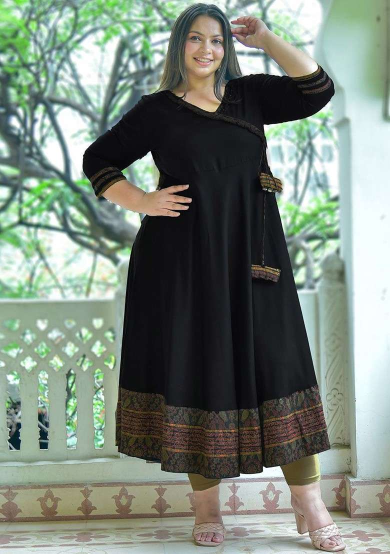 Black Embroidered Poly Blended Kurtas - Indya