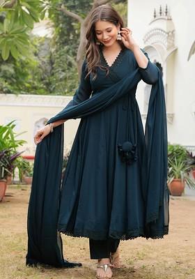 Teal Embroidered Poly Blended Kurta Sets