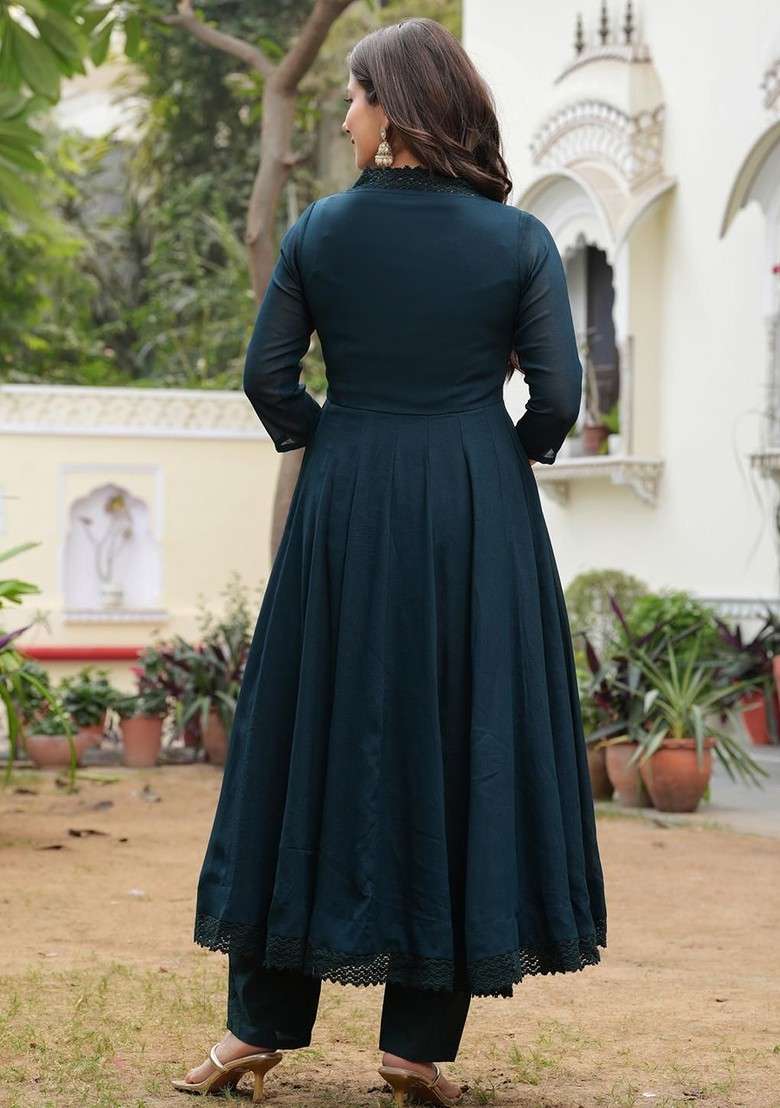 Teal Embroidered Poly Blended Kurta Sets - Indya