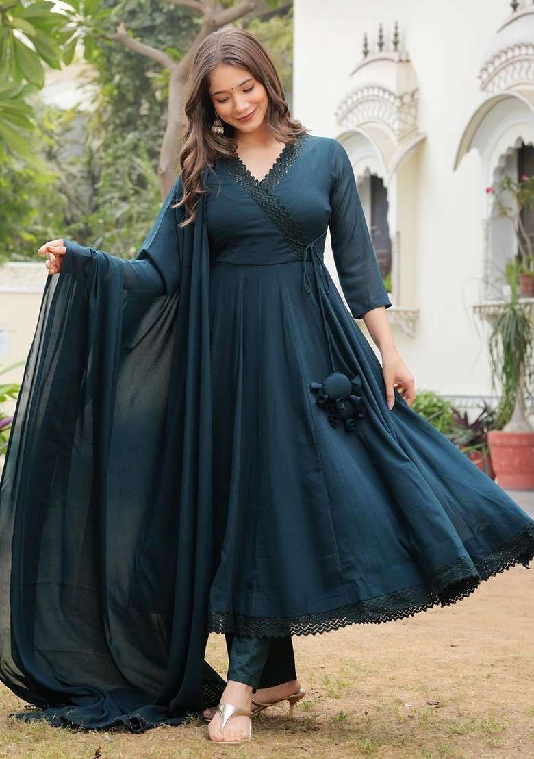 Teal Embroidered Poly Blended Kurta Sets - Indya