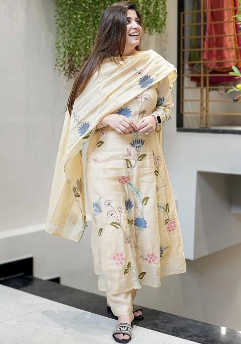 Cream Embroidered Poly Blended Kurta Sets