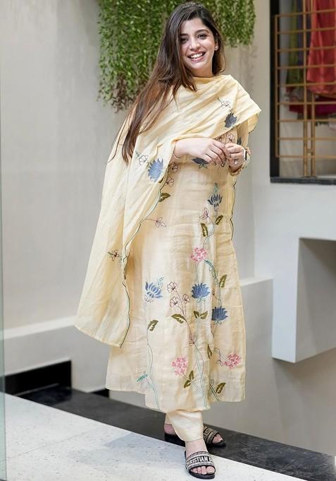 Cream Embroidered Poly Blended Kurta Sets
