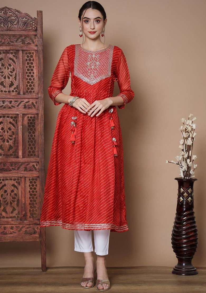 Red Embroidered Poly Blended Kurtas - Indya