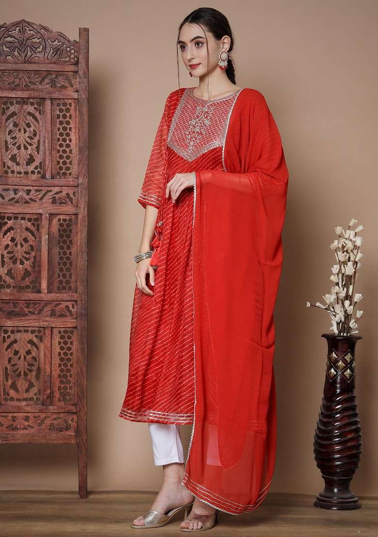 Red Embroidered Poly Blended Kurtas - Indya