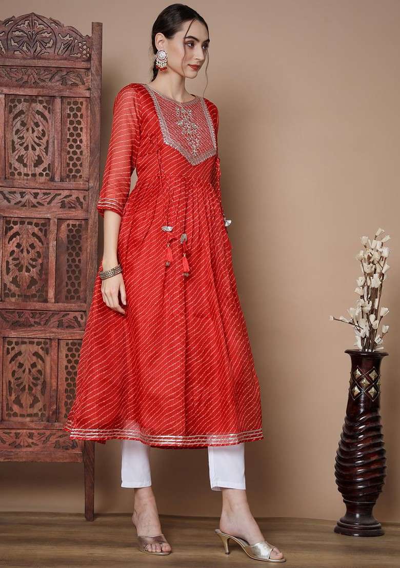 Red Embroidered Poly Blended Kurtas - Indya