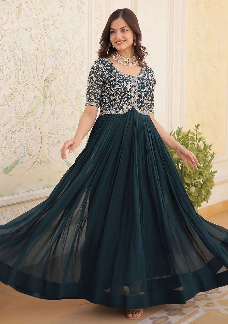 Green Embroidered Poly Blended Kurtas - Indya