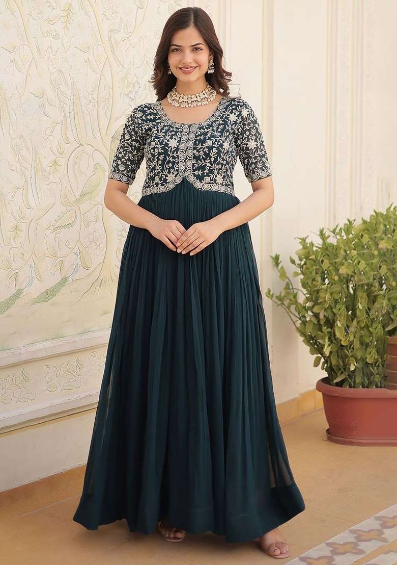 Green Embroidered Poly Blended Kurtas - Indya