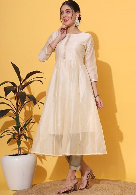 Cream Embroidered Poly Blended Kurtas