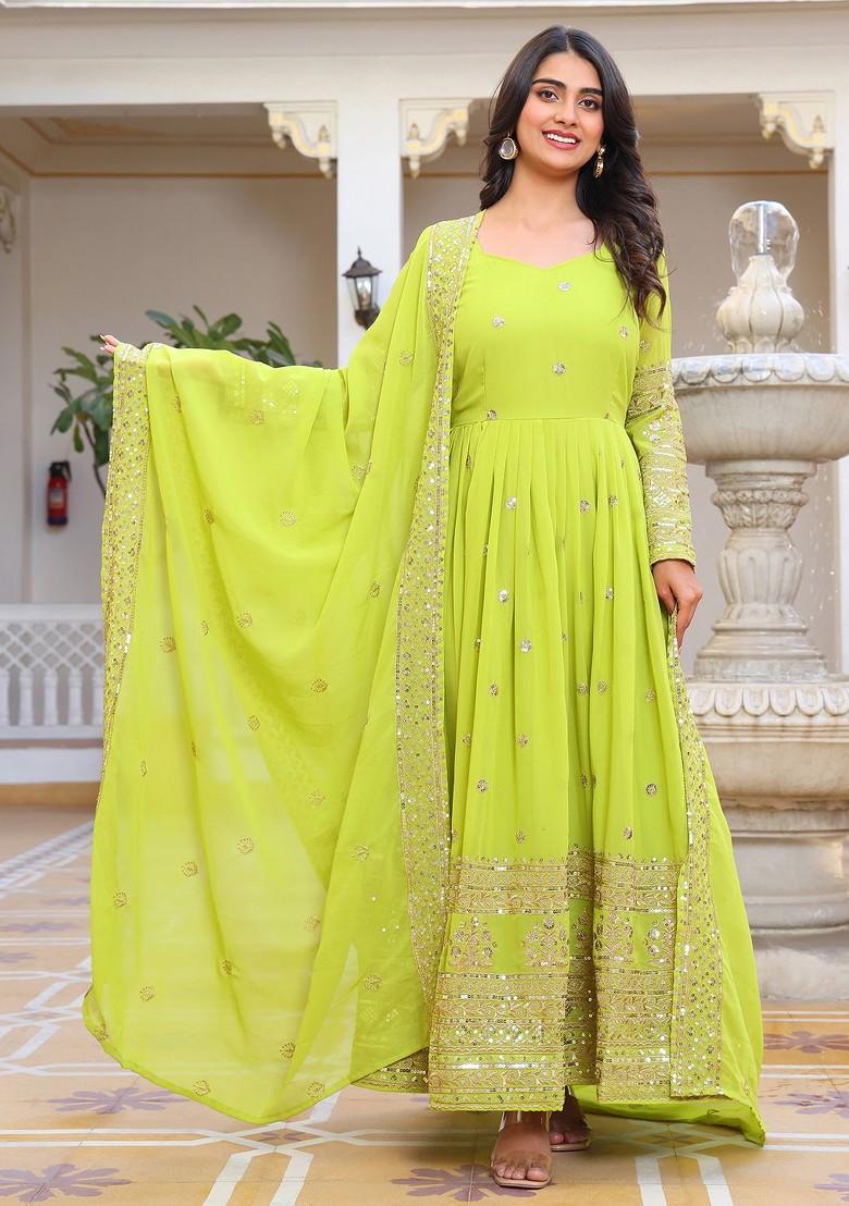 Green Embroidered Poly Blended Kurta Sets