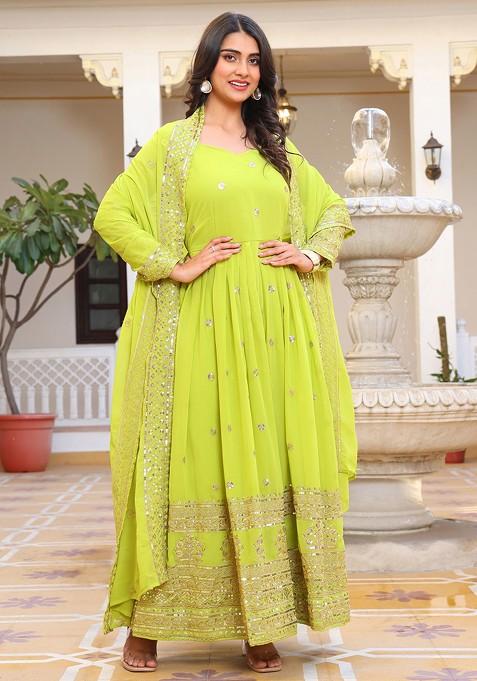 Green Embroidered Poly Blended Kurta Sets