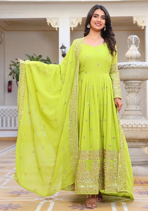 Green Embroidered Poly Blended Kurta Sets