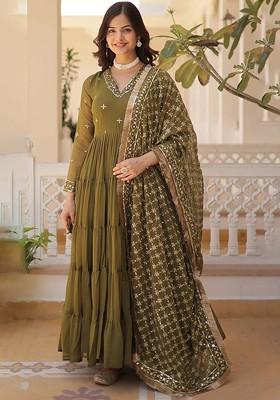 Green Embroidered Poly Blended Kurtas
