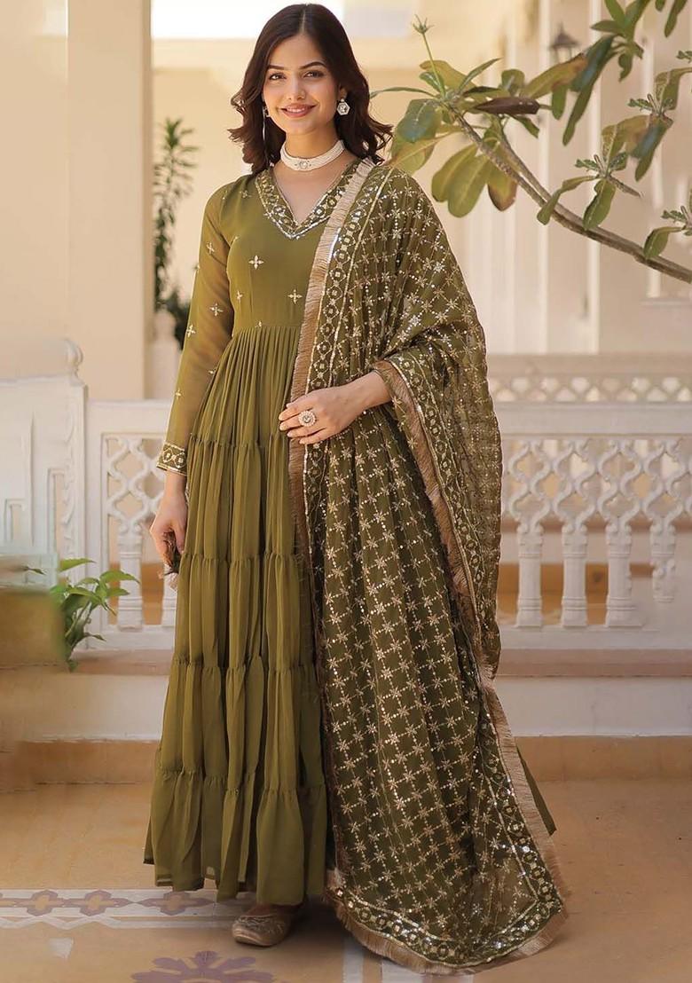 Green Embroidered Poly Blended Kurtas - Indya