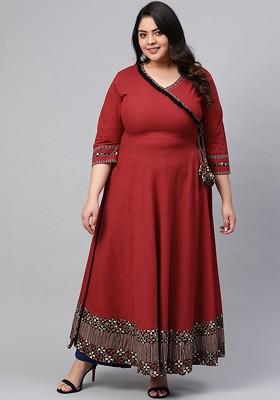 Maroon Embroidered Poly Blended Kurtas